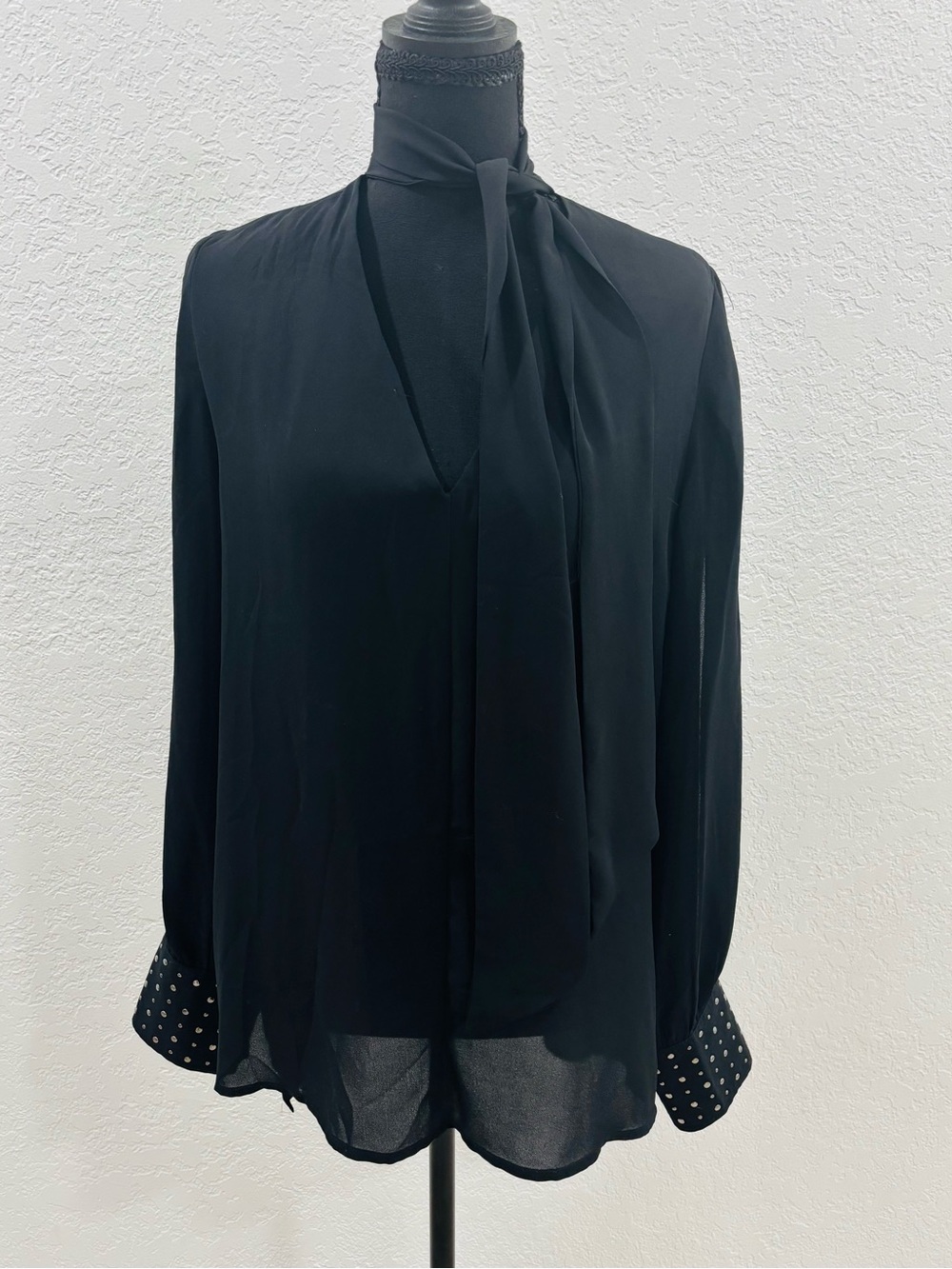 XOXO Black Tie-Neck Long-Sleeve Blouse with Studded Cuffs